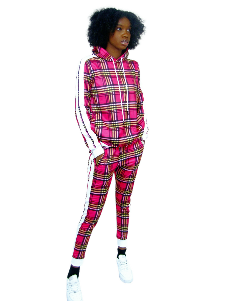 Woman wearing striped slim fit tracksuit set